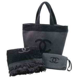 23C CHANEL Coco Mark Beach Bag, Pouch, and Towel 3-Piece Set in Black for Women
